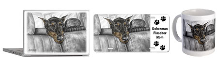 Doberman Pinscher Riding in Car Art on t-shirts, mugs, iphone ipad cases covers, laptop skins, magnets