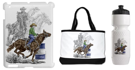 Barrel Racing Art on t-shirts, mugs, iphone ipad cases covers, laptop skins, magnets