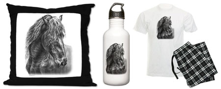 Friesian Horse Head Portrait on t-shirts, mugs, iphone ipad cases covers, laptop skins, magnets