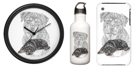 Rottweiler Dog Art on t-shirts, mugs, iphone ipad cases covers, laptop skins, magnets