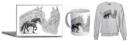 Friesian Horses Art on t-shirts, mugs, iphone ipad cases covers, laptop skins, magnets