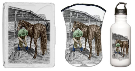 Farrier Blacksmith Shoeing Horse Art on t-shirts, mugs, iphone ipad cases covers, laptop skins, magnets