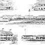 Custom pencil drawing of several gold course clubhouses