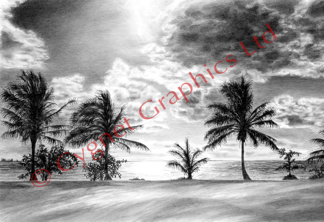 "Caribbean Sunset" ocean sunset beach landscape drawing by Kelli Swan
