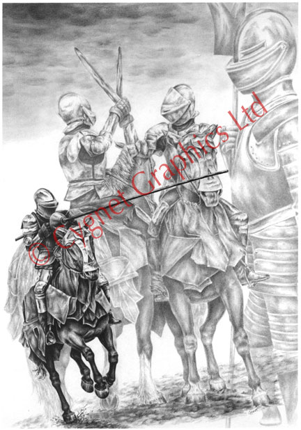 "Knight Time" renaissance medieval knights jousting drawing by Kelli Swan