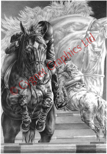 Jumping horse montage - pencil drawing by Kelli Swan