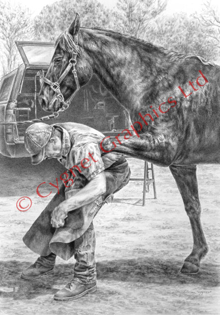 Farrier working on horse - pencil drawing by Kelli Swan