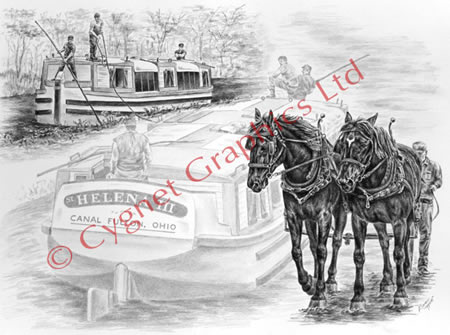 Two draft horses pulling canal boat drawing from Canal Fulton OH