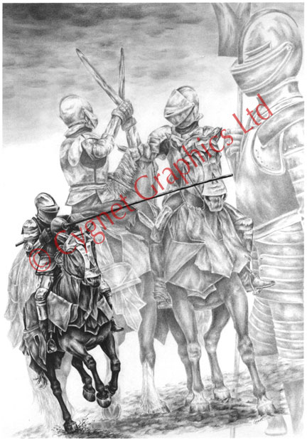 Medieval knights jousting - pencil drawing by Kelli Swan