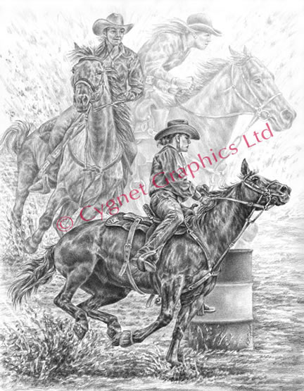 Rodeo cowgirl barrel racing - pencil drawing by Kelli Swan