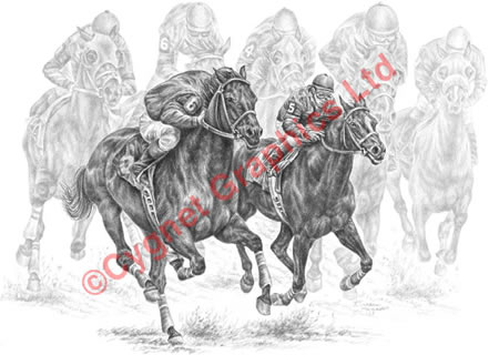 Two racing horses in dead heat - pencil drawing by Kelli Swan
