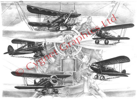 Wacos Biplane montage - pencil drawing by Kelli Swan