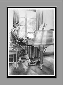 Girl at Piano Print BW