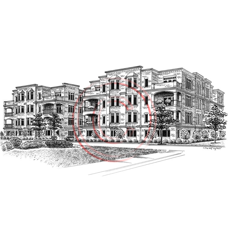 Black and white condo illustration Condominium building pen & ink portrait by Kelli Swan