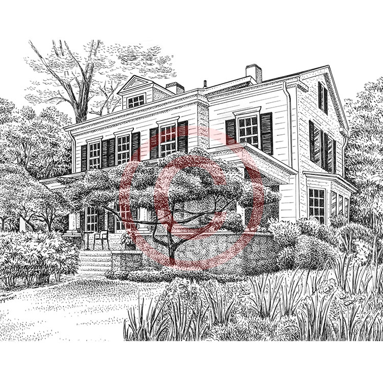 Black and white old house drawing Vintage home pen & ink portrait by Kelli Swan