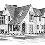 Pen and Ink Drawing of Brick and Stone House