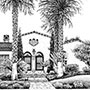Pen and Ink Drawing of South Western Home with Palm Trees