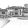 Pen and Ink Drawing of Stone-Brick Ranch Home